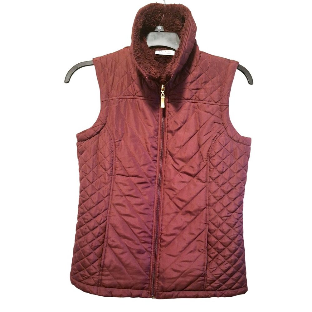 Denim & Co. Quilted Burgundy Puffer Vest With Faux Sherpa Lining XXS Cozycore
